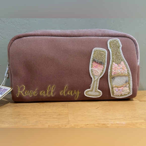 Gloss & Glo “Rose All Day” Pink Velvet Cosmetic Bag With Gold Sequin Accents - Picture 7 of 9